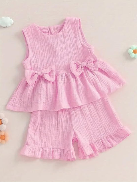 Baby Girl Cotton Linen Muslin Sleeveless Bow Top and Shorts Summer Clothing Set