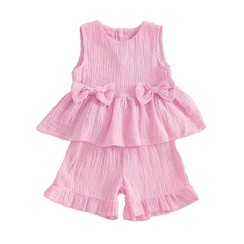 Baby Girl Cotton Linen Muslin Sleeveless Bow Top and Shorts Summer Clothing Set