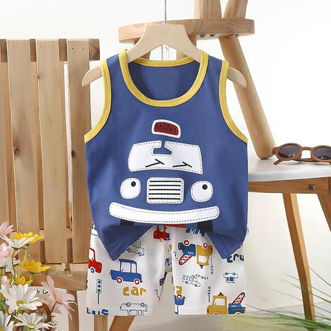 Cartoon Printed Sleeveless T-Shirt & Shorts Sets