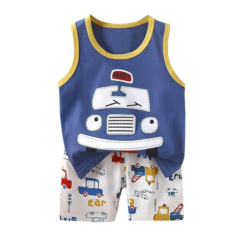 Cartoon Printed Sleeveless T-Shirt & Shorts Sets