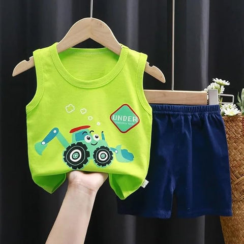 Cartoon Printed Sleeveless T-Shirt & Shorts Sets