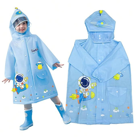 Kids 3D Blue Astronaut Raincoat with Hood & Storage Pouch