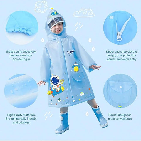 Kids 3D Blue Astronaut Raincoat with Hood & Storage Pouch