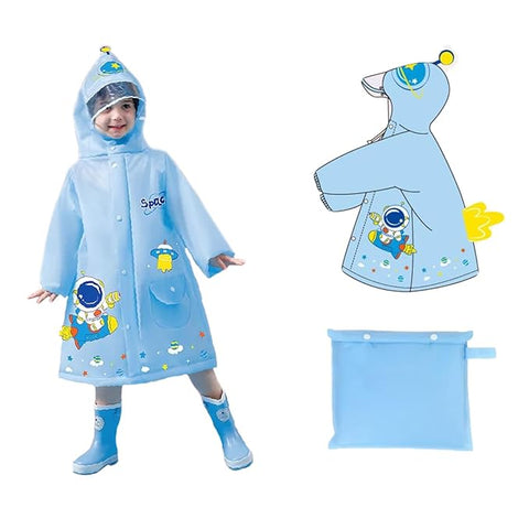 Kids 3D Blue Astronaut Raincoat with Hood & Storage Pouch