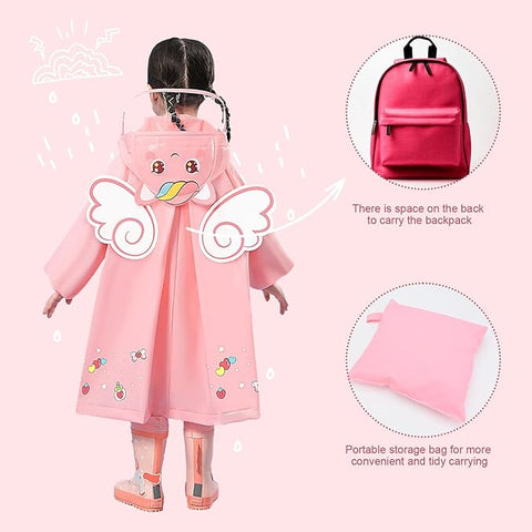 Kids 3D Pink Unicorn Raincoat with Hood & Storage Pouch