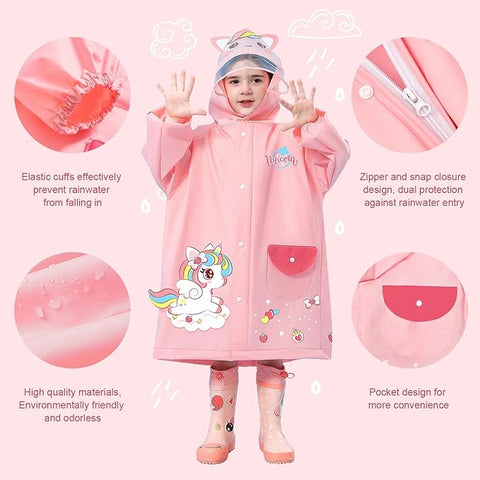 Kids 3D Pink Unicorn Raincoat with Hood & Storage Pouch