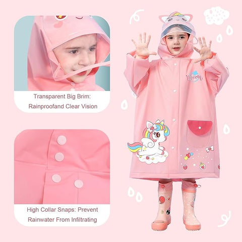 Kids 3D Pink Unicorn Raincoat with Hood & Storage Pouch
