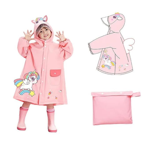 Kids 3D Pink Unicorn Raincoat with Hood & Storage Pouch