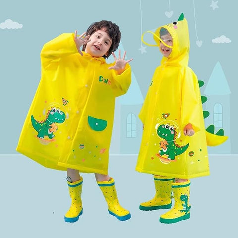 Kids 3D Yellow Dino Raincoat with Hood & Storage Pouch