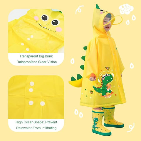 Kids 3D Yellow Dino Raincoat with Hood & Storage Pouch