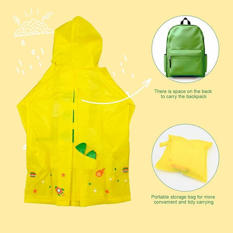 Kids 3D Yellow Dino Raincoat with Hood & Storage Pouch