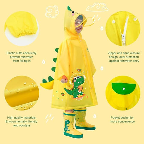 Kids 3D Yellow Dino Raincoat with Hood & Storage Pouch