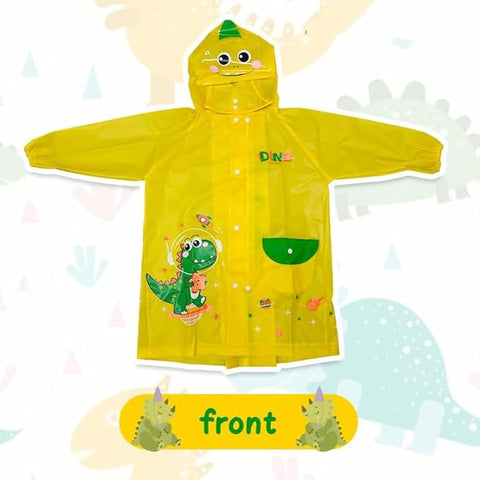Kids 3D Yellow Dino Raincoat with Hood & Storage Pouch