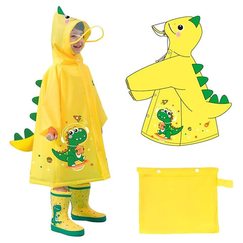 Kids 3D Yellow Dino Raincoat with Hood & Storage Pouch