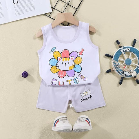 Cute Cartoon Print Tank Top & Shorts Set for Baby Girls
