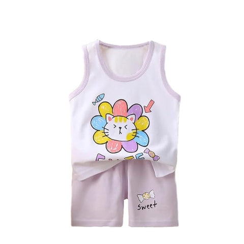 Cute Cartoon Print Tank Top & Shorts Set for Baby Girls