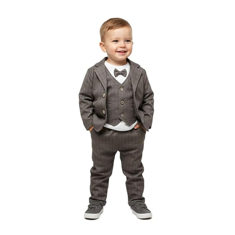 Boys 3 Piece Party Suit Coat, Waistcoat & Bow Tie Attached T-Shirt with Jacket & Trouser