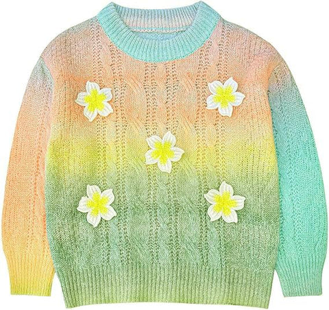 Girls Pastel Rainbow Knit Sweater with Floral Appliques