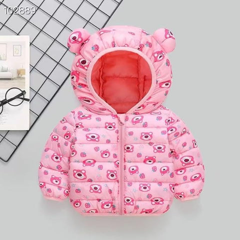 Kids Pink Bear Print Hooded Puffer Jacket