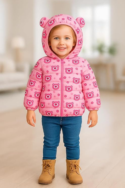 Kids Pink Bear Print Hooded Puffer Jacket