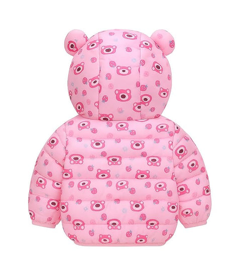 Kids Pink Bear Print Hooded Puffer Jacket