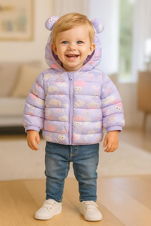 Kids Lavender Bunny Print Hooded Puffer Jacket