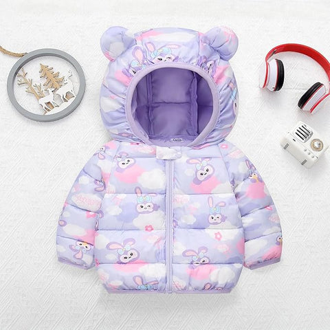 Kids Lavender Bunny Print Hooded Puffer Jacket