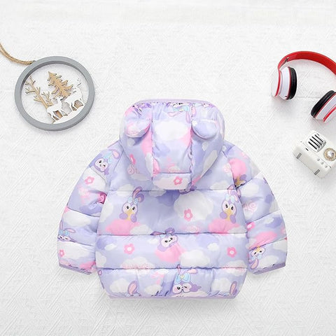 Kids Lavender Bunny Print Hooded Puffer Jacket