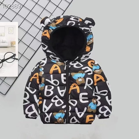 Kids Alphabet Cartoon Print Black Hooded Jacket