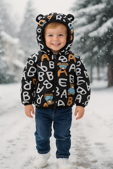 Kids Alphabet Cartoon Print Black Hooded Jacket