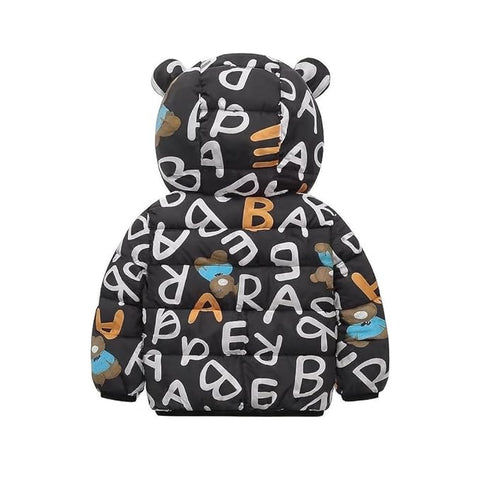 Kids Alphabet Cartoon Print Black Hooded Jacket