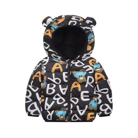 Kids Alphabet Cartoon Print Black Hooded Jacket