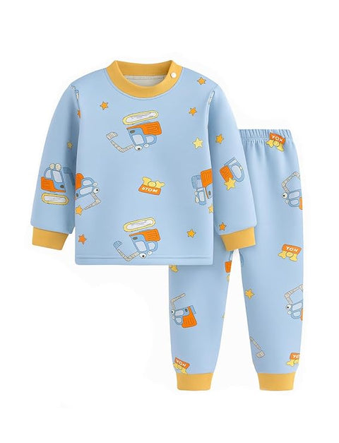 Winter Warm Fleece Kid's Cartoon Thick T-Shirt and Pajama Clothing Set