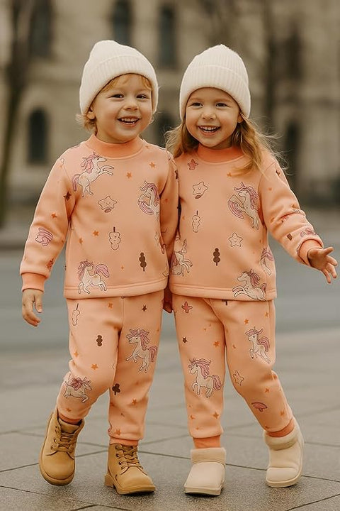 Winter Warm Fleece Kid's Cartoon Thick T-Shirt and Pajama Clothing Set