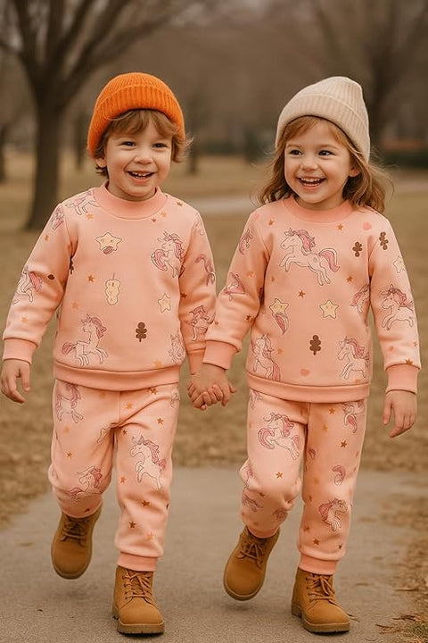 Winter Warm Fleece Kid's Cartoon Thick T-Shirt and Pajama Clothing Set