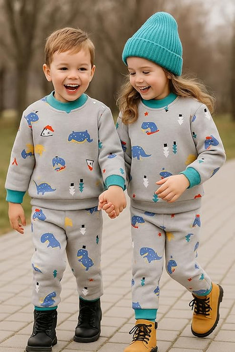 Winter Warm Fleece Kid's Cartoon Thick T-Shirt and Pajama Clothing Set