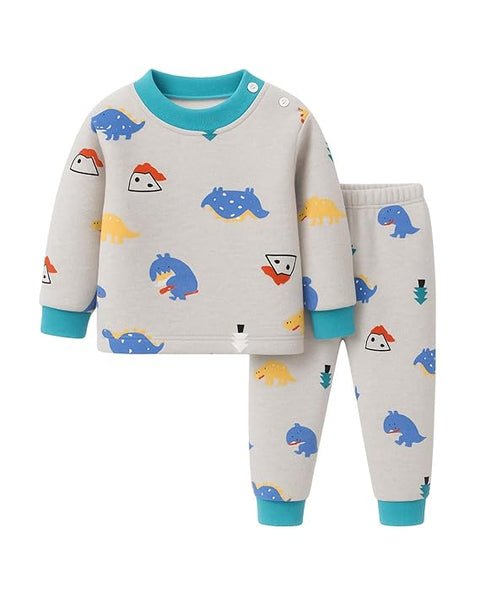 Winter Warm Fleece Kid's Cartoon Thick T-Shirt and Pajama Clothing Set
