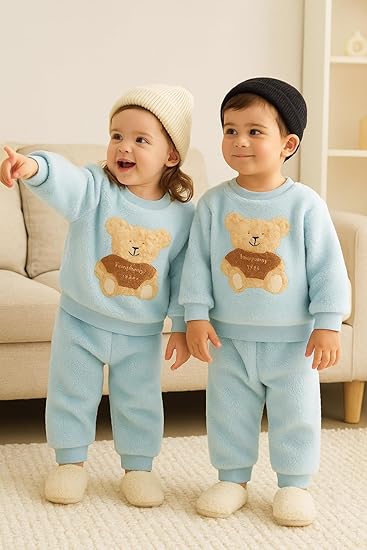 Kid's Warm Micro Fleece Winter Sweatshirt T-shirt and Pajama Coord Clothing Set