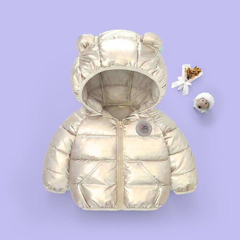 Kids Shiny Sparkling Quilted Winter Warm Standard Length Hooded Jacket