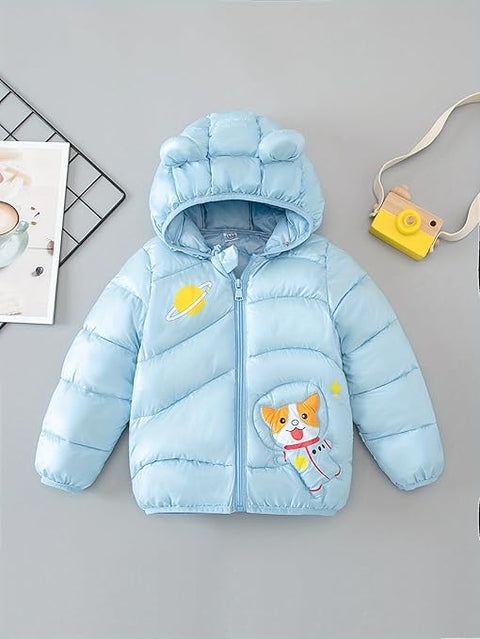 Kids Cartoon LED Light Patch Shiny Sparkling Quilted Winter Kid's Warm Hood Puffer Bomber Jacket for Infant Toddler Boys & Girls
