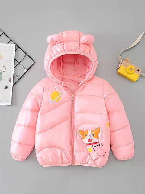 Kids Cartoon Astronaut Dog Winter Puffer Jacket with Ears Hood