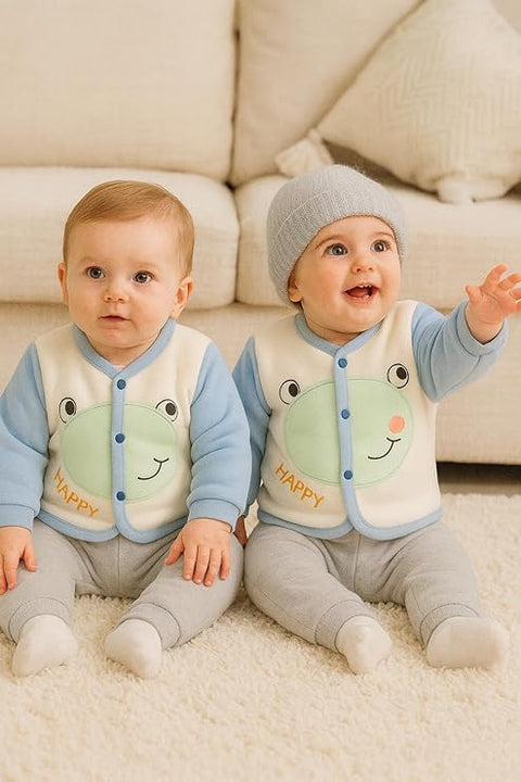 Baby Winter Front Button Colorful Cartoon Printed Sweatshirt and Pajama Clothing Set