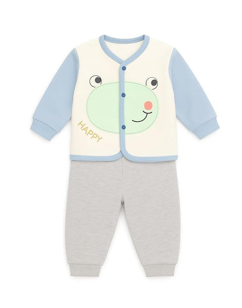 Baby Winter Front Button Colorful Cartoon Printed Sweatshirt and Pajama Clothing Set