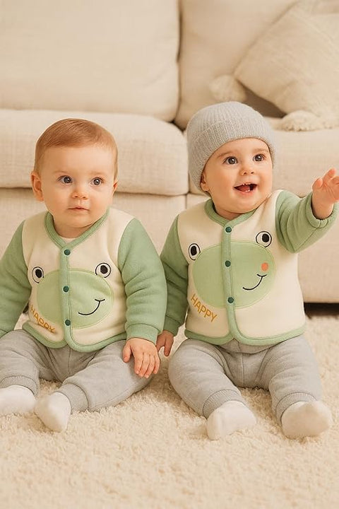 Baby Winter Front Button Colorful Cartoon Printed Sweatshirt and Pajama Clothing Set