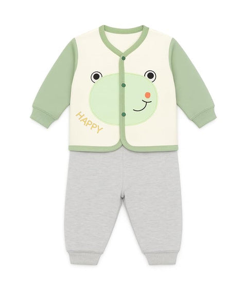 Baby Winter Front Button Colorful Cartoon Printed Sweatshirt and Pajama Clothing Set