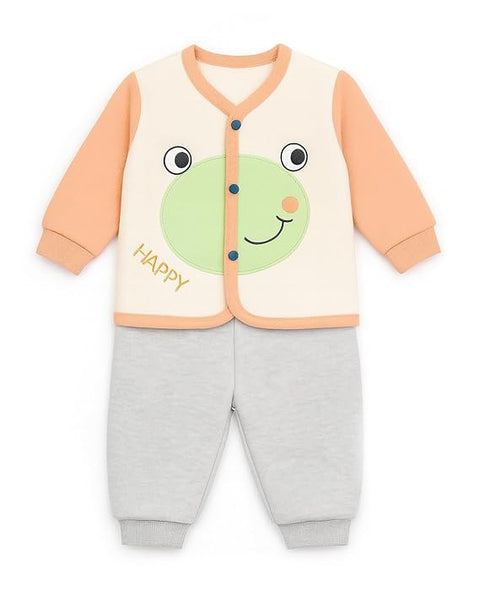 Baby Winter Front Button Colorful Cartoon Printed Sweatshirt and Pajama Clothing Set