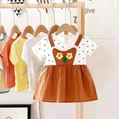 Girls Polka Dot Print 3D Floral Patch Attached Summer Frock Dress