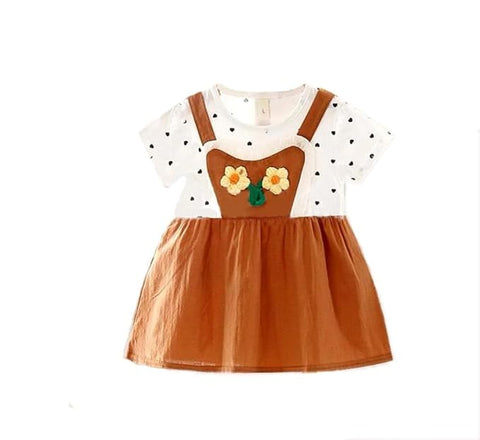 Girls Polka Dot Print 3D Floral Patch Attached Summer Frock Dress