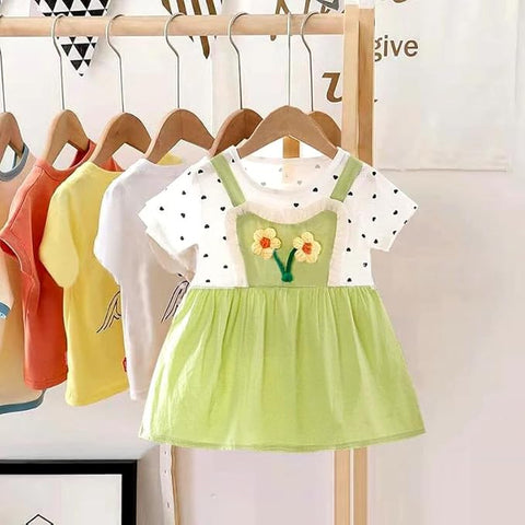 Girls Polka Dot Print 3D Floral Patch Attached Summer Frock Dress