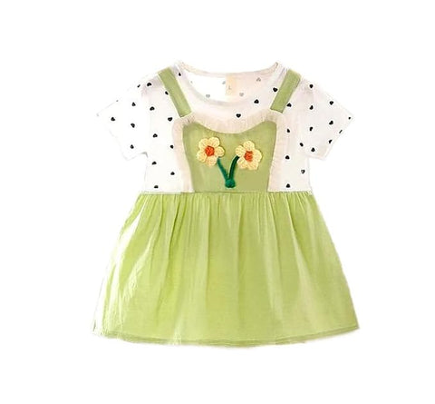 Girls Polka Dot Print 3D Floral Patch Attached Summer Frock Dress